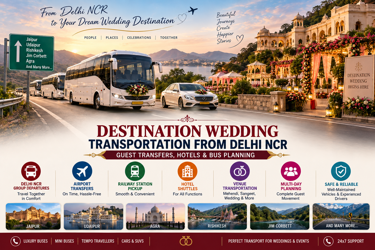 Destination Wedding Transportation from Delhi NCR – Guest Transfers, Hotels & Bus Planning