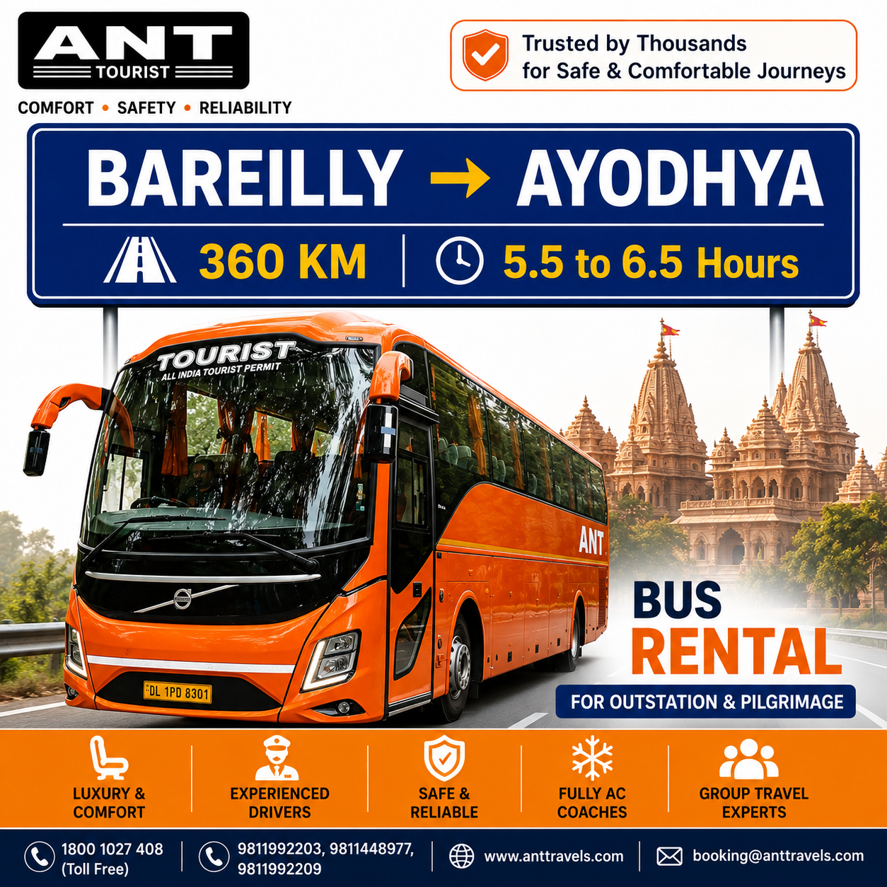 Luxury Volvo Bus Rental from Bareilly to Ayodhya with BharatBenz Coach, Mini Bus and AC Tourist Coach by ANT Travels