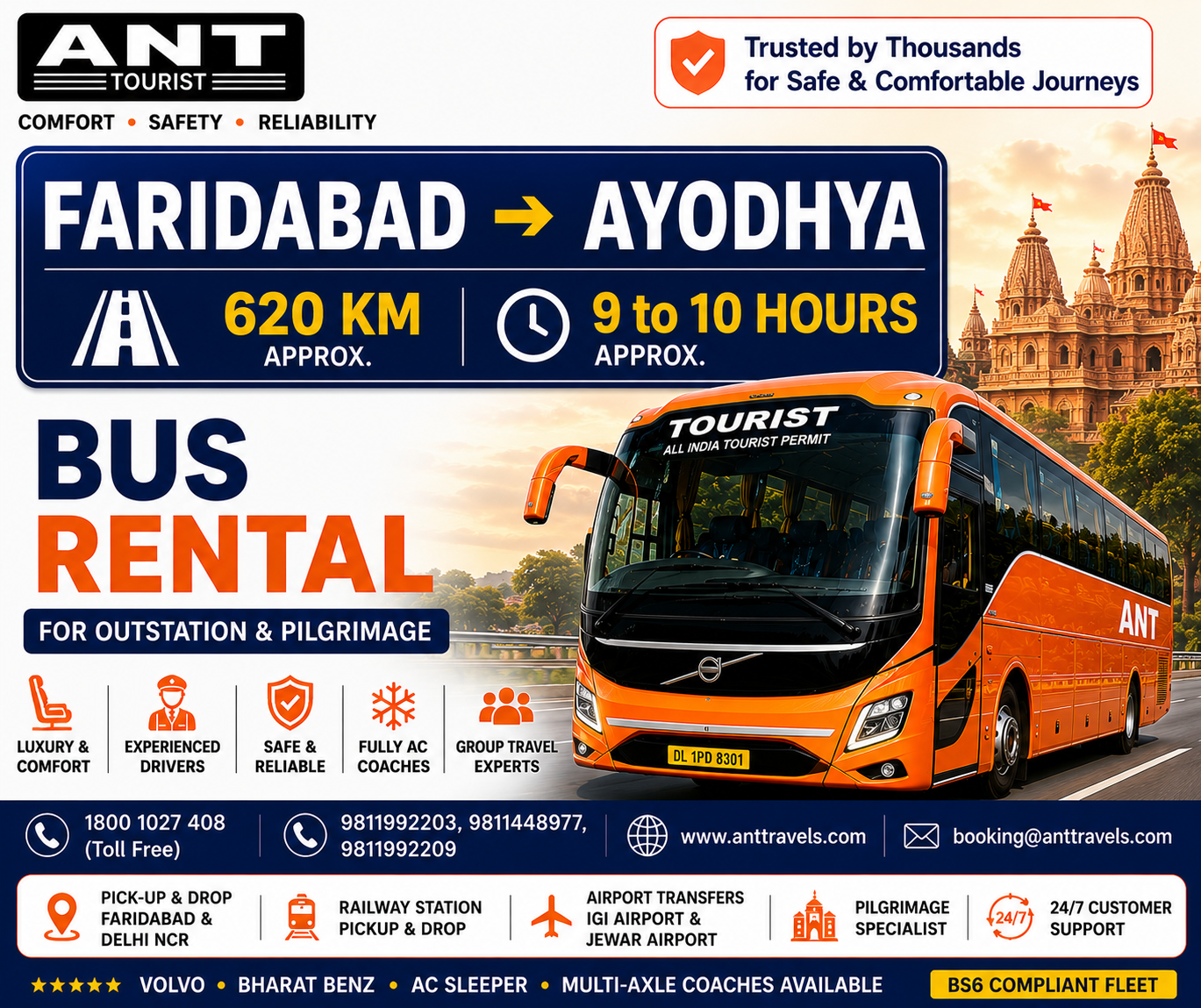 Faridabad to Ayodhya Bus Rental by ANT Travels | Luxury Volvo & Bharat Benz Bus Hire