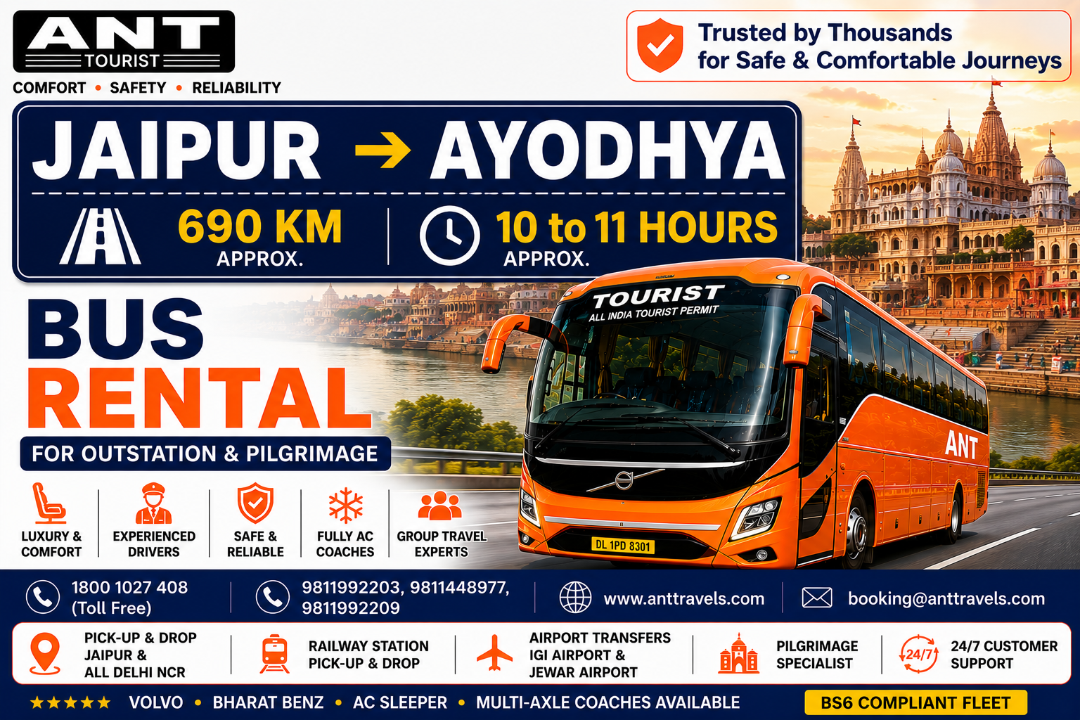 Jaipur to Ayodhya Bus Rental by ANT Travels | Luxury Volvo & Bharat Benz Bus Hire