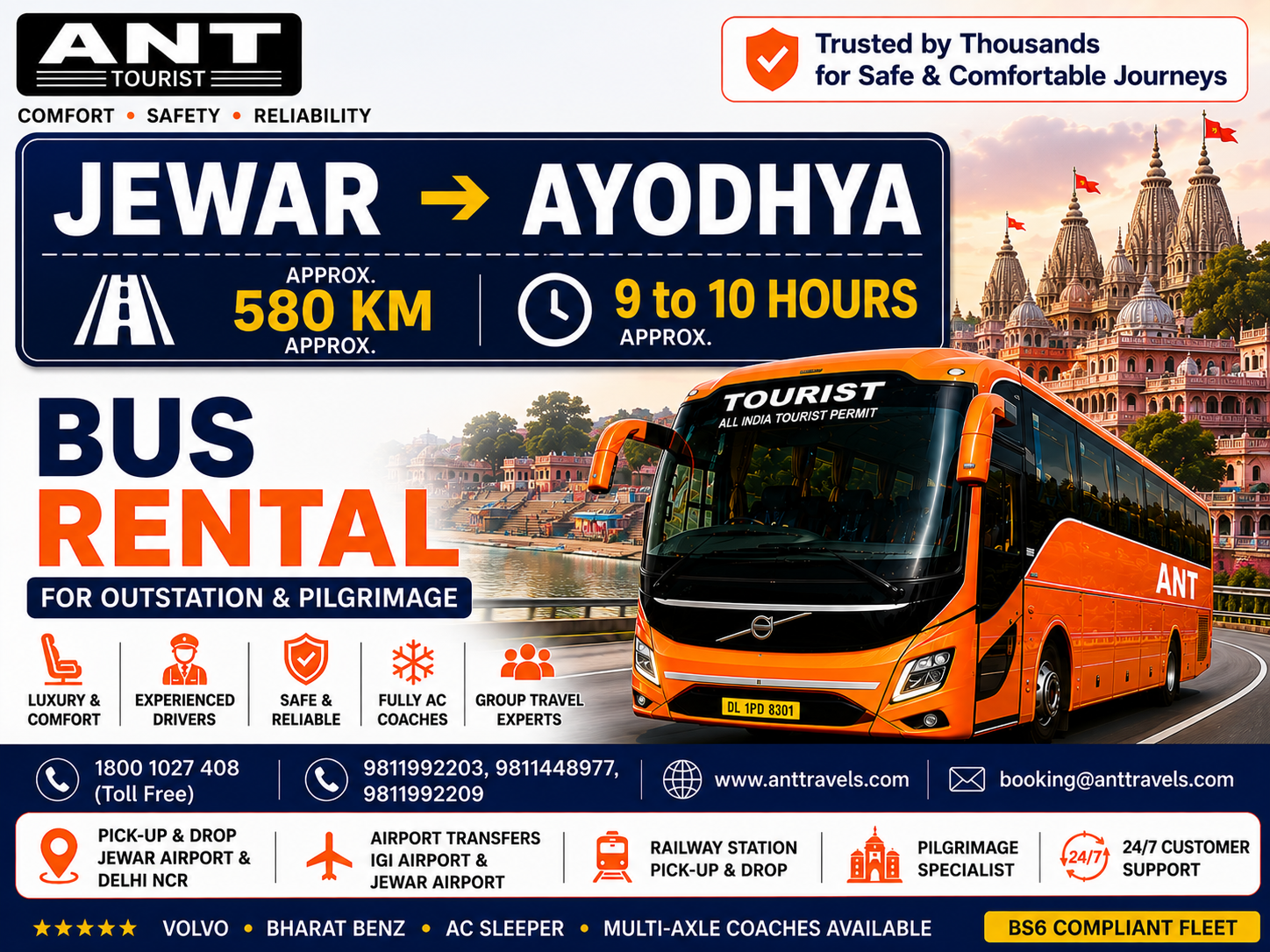 Jewar to Ayodhya Bus Rental by ANT Travels | Luxury Volvo & Bharat Benz Bus Hire
