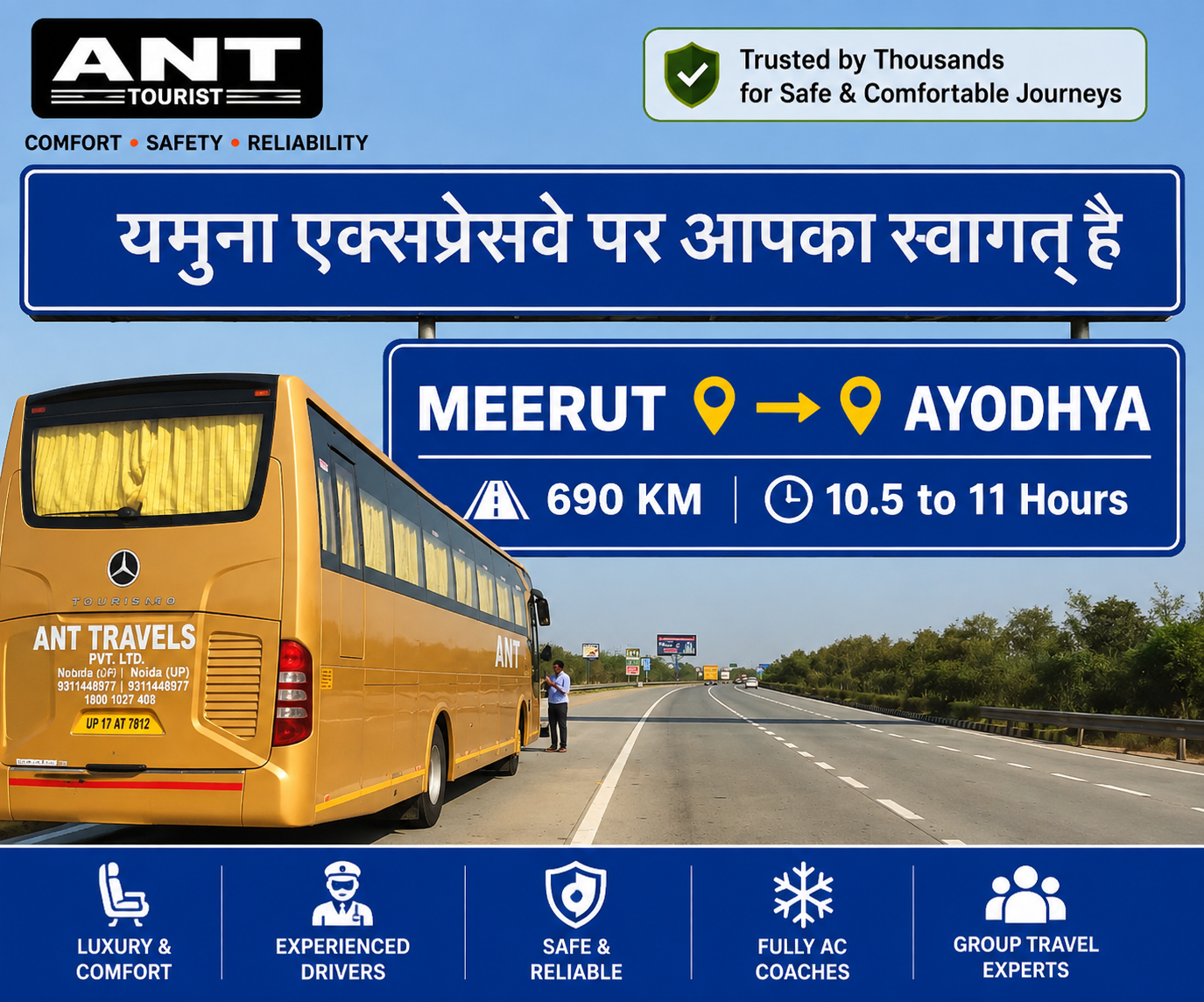 Luxury Volvo Bus Rental from Meerut to Ayodhya with BharatBenz Coach, Mini Bus and AC Tourist Coach by ANT Travels