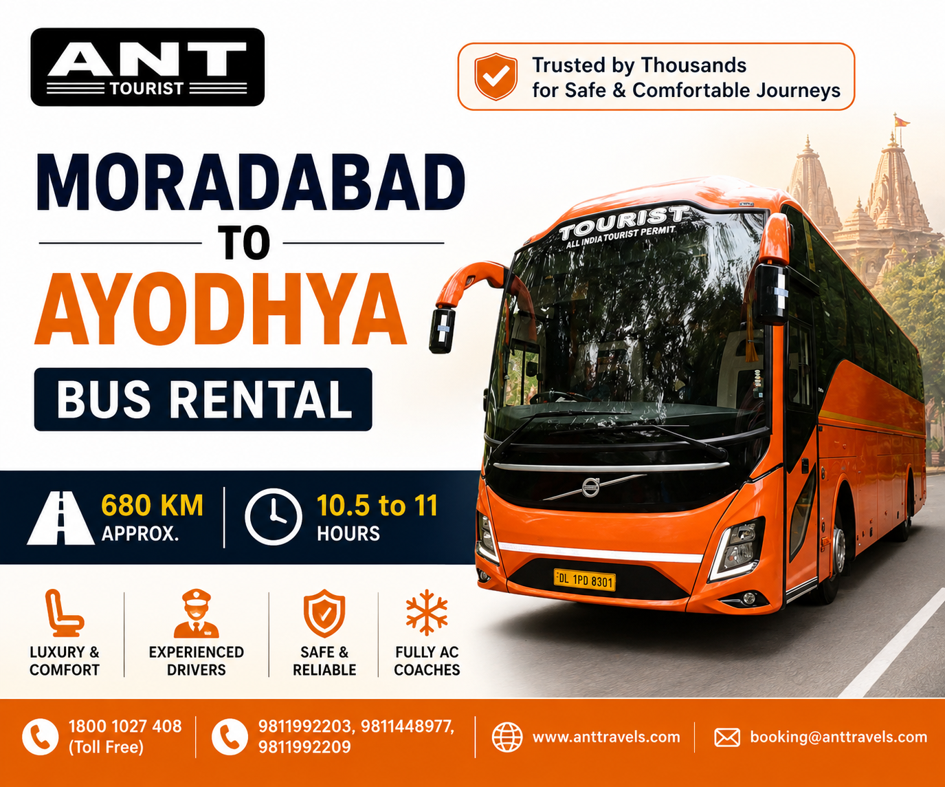 Luxury Volvo Bus Rental from Moradabad to Ayodhya with BharatBenz Coach, Mini Bus and AC Tourist Coach by ANT Travels