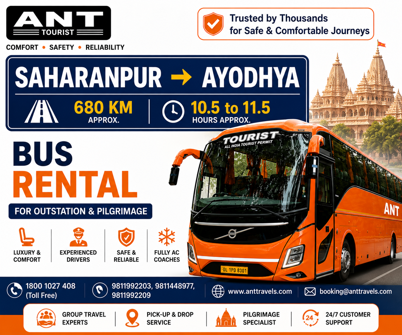 Saharanpur to Ayodhya Bus Rental by ANT Travels | Luxury Volvo & Bharat Benz Bus Hire